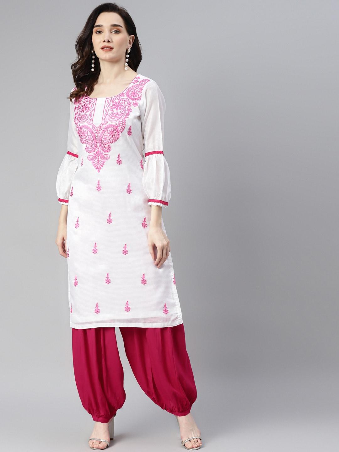 SHADES Women Pink Ethnic Motifs Embroidered Chikankari Pure Cotton Kurta with Salwar