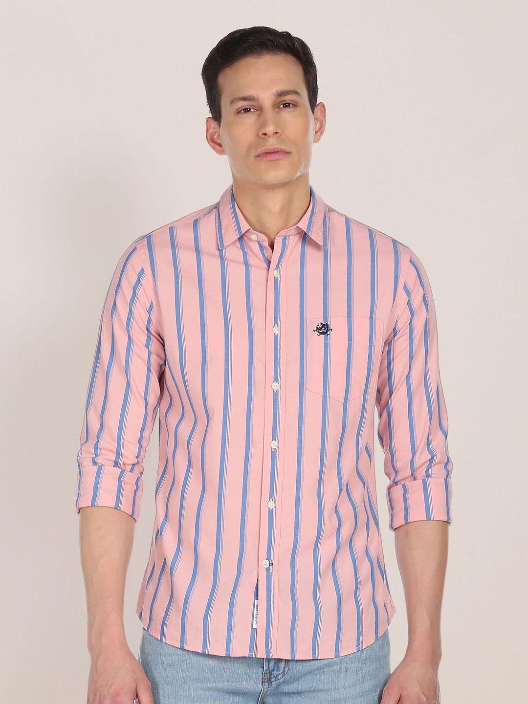 U.S. Polo Assn. Men Pink Tailored Fit Vertical Stripes Opaque Pure Cotton Casual Shirt