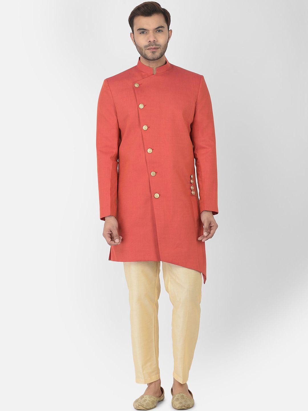 DEYANN Men Red Solid Cotton Sherwani Set
