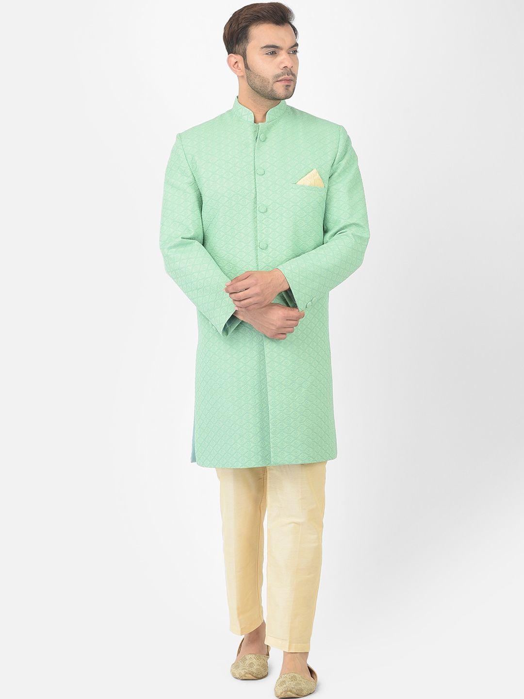 DEYANN Men Green Chikankari Embroidered Cotton Sherwani Set