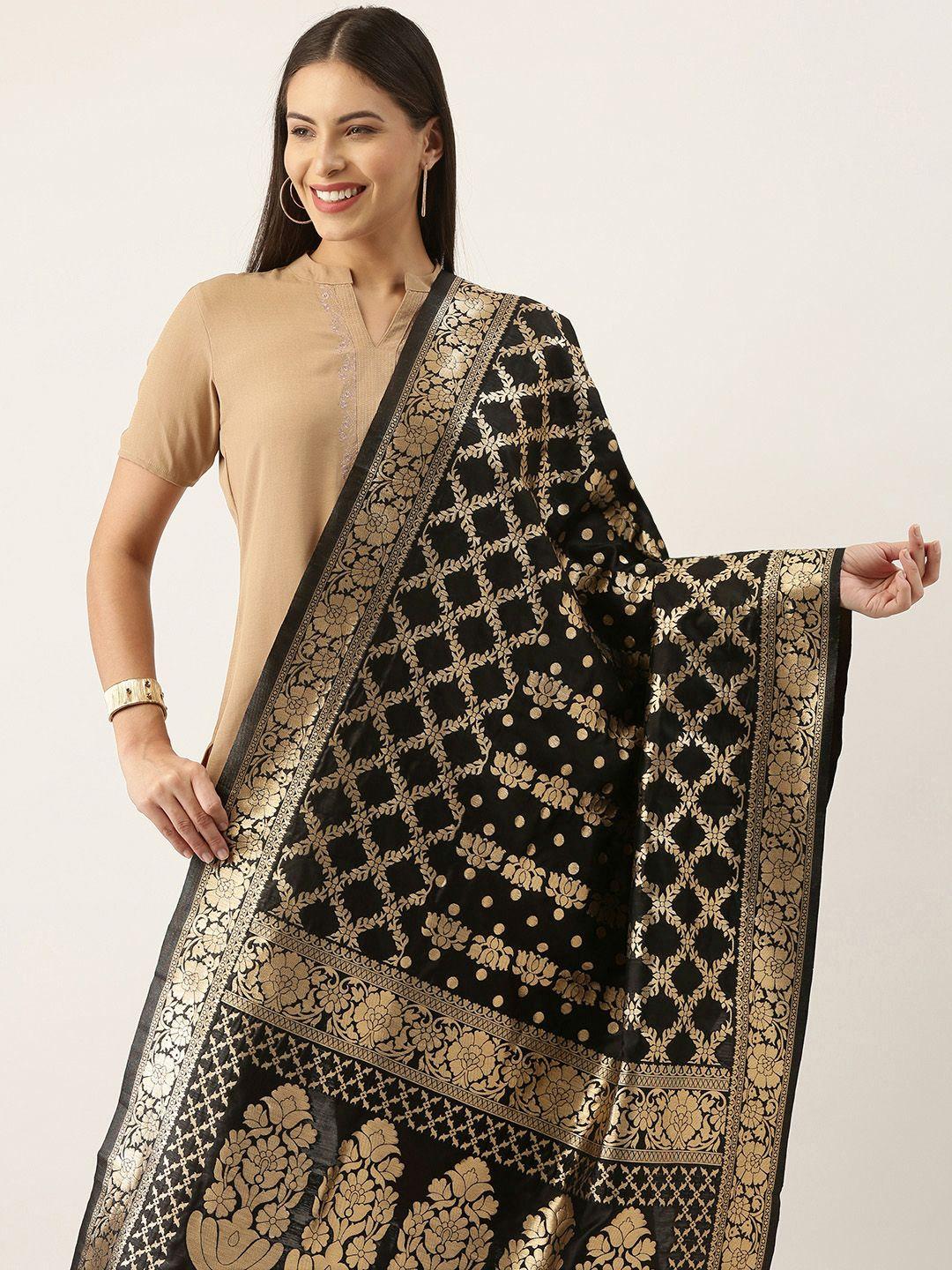 silk-land-black-&-gold-toned-ethnic-motifs-woven-design-pure-banarasi-silk-dupatta