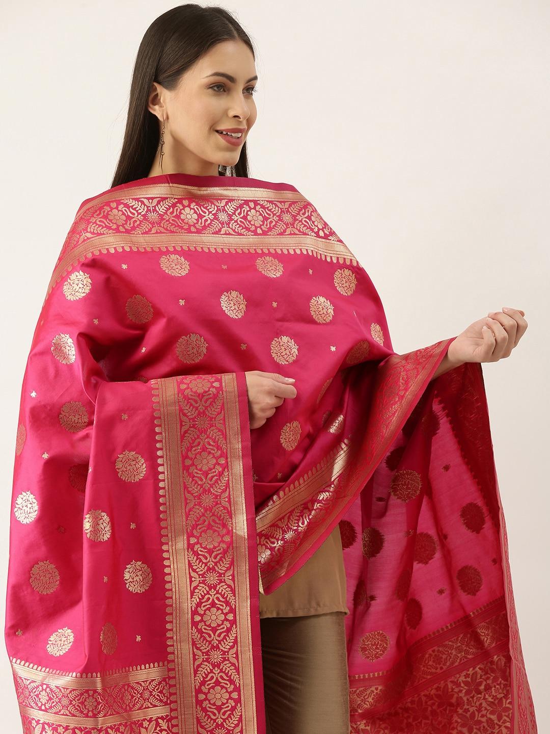 Silk Land Pink & Gold-Toned Ethnic Motifs Woven Design Pure Banarasi Silk Dupatta