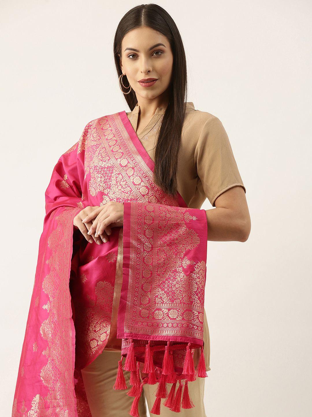 Silk Land Pink & Gold-Toned Ethnic Motifs Woven Design Pure Banarasi Silk Dupatta