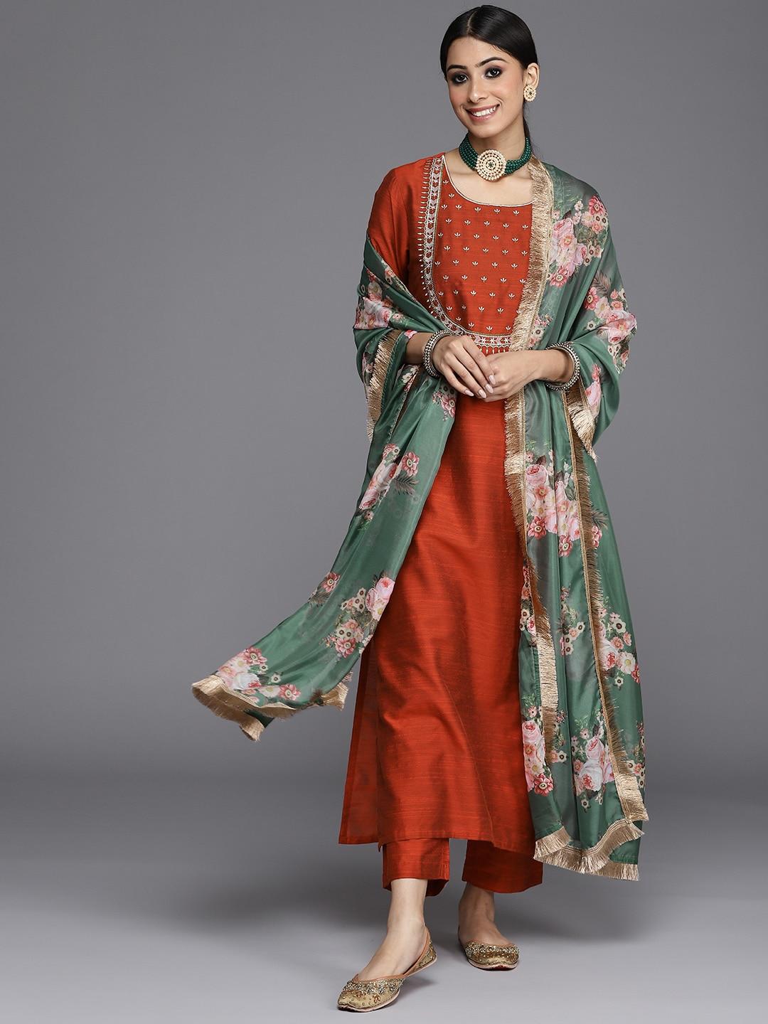 varanga-women-maroon-embroidered-yoke-design-kurta-with-trousers-&-dupatta