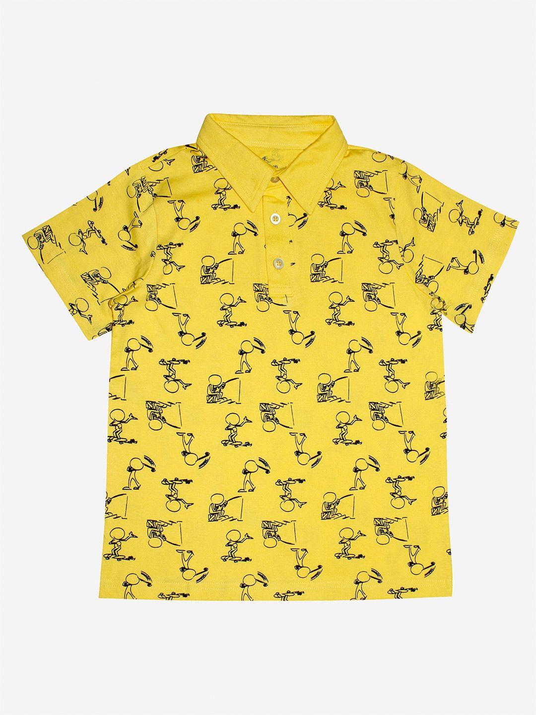 KiddoPanti Boys Yellow Printed Polo Collar Pure Cotton T-shirt