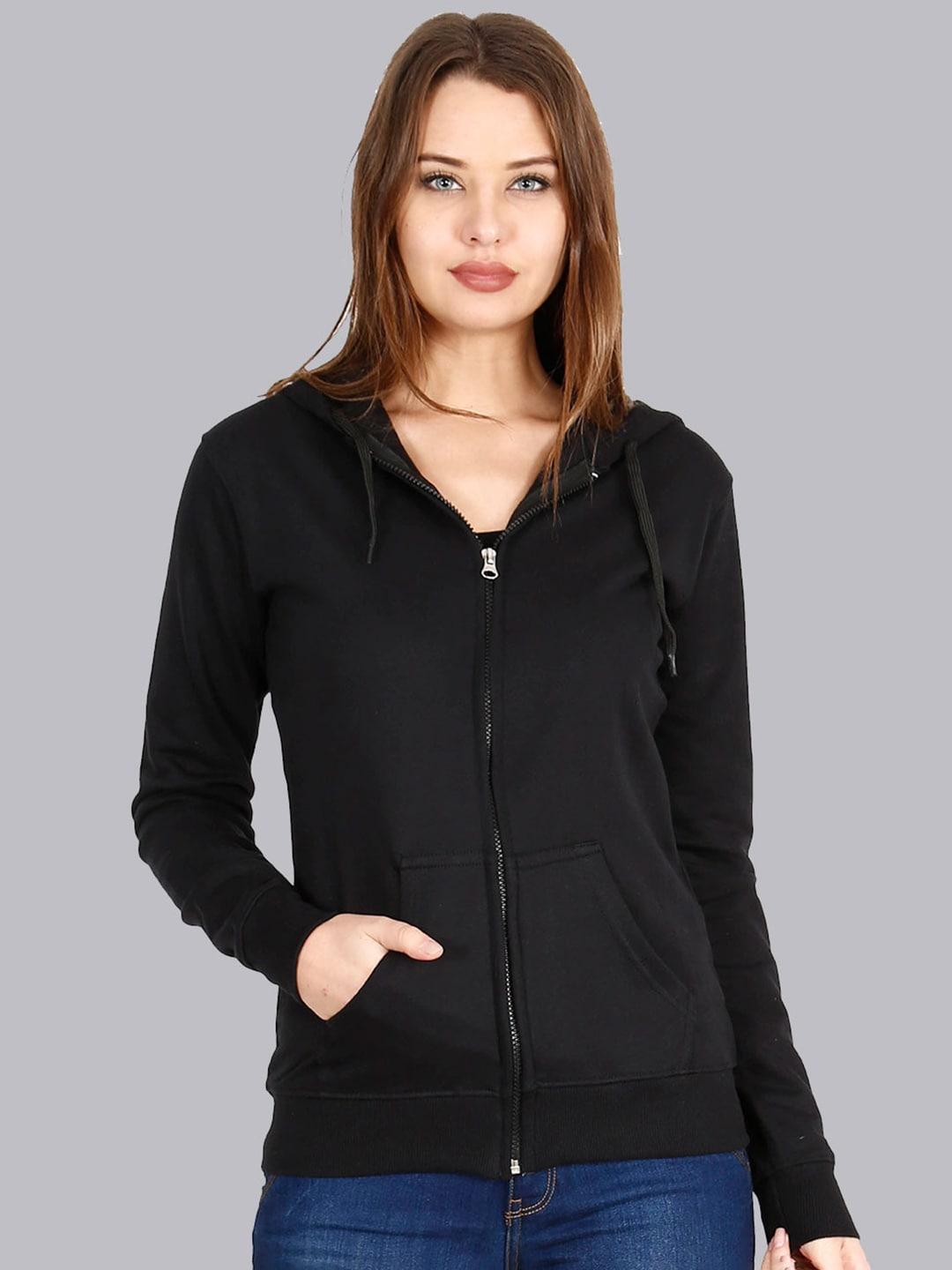 Fleximaa Women Black Hooded Cotton Front-Open Sweatshirt