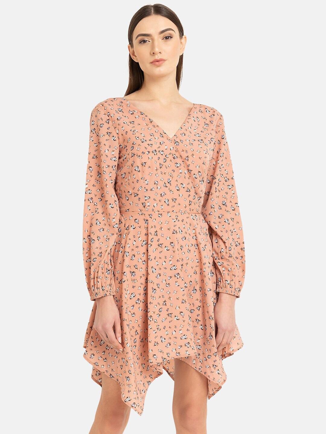 Kazo Pink Floral Printed Wrap Dress with Elastic Cuffed Sleeves