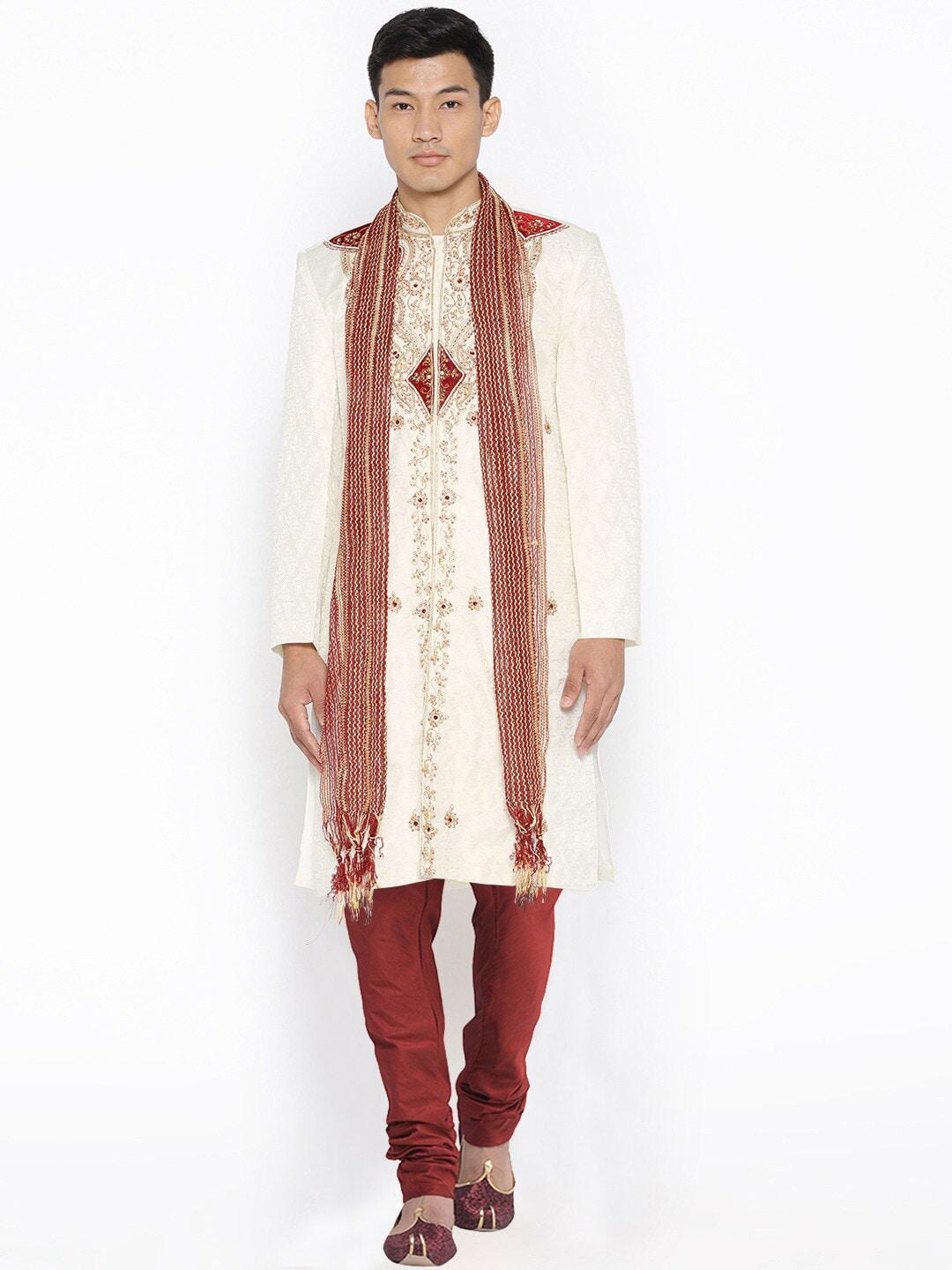 sg-leman-men-cream-colored-&-maroon-embellished-sherwani-set