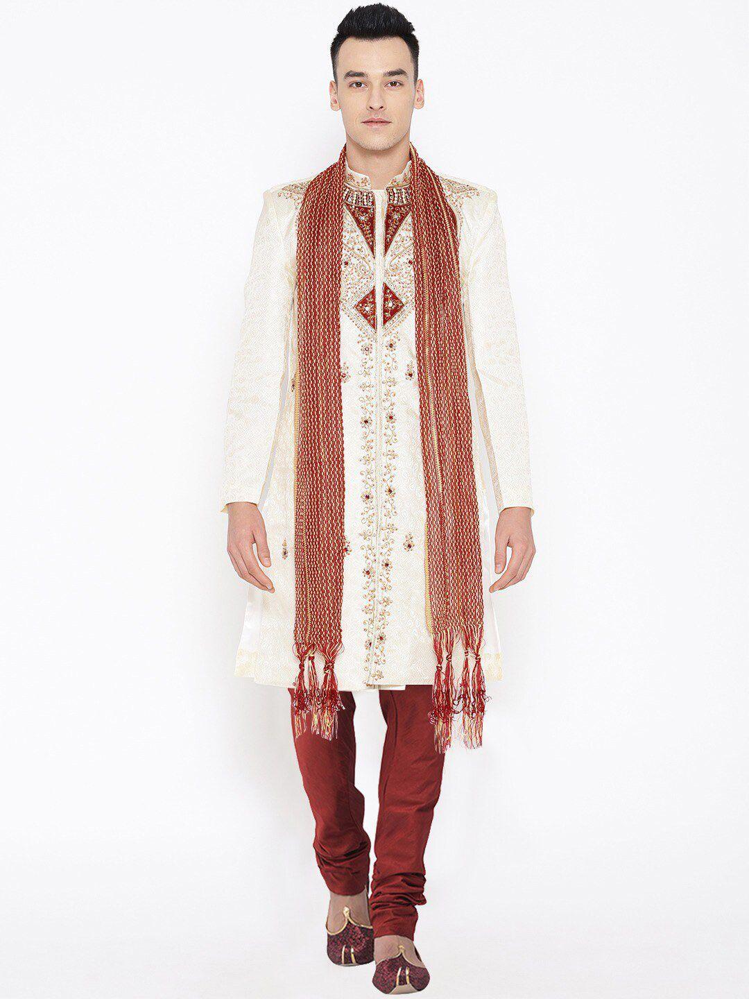 SG LEMAN Men Cream-Colored  & Maroon Embellished Sherwani Set