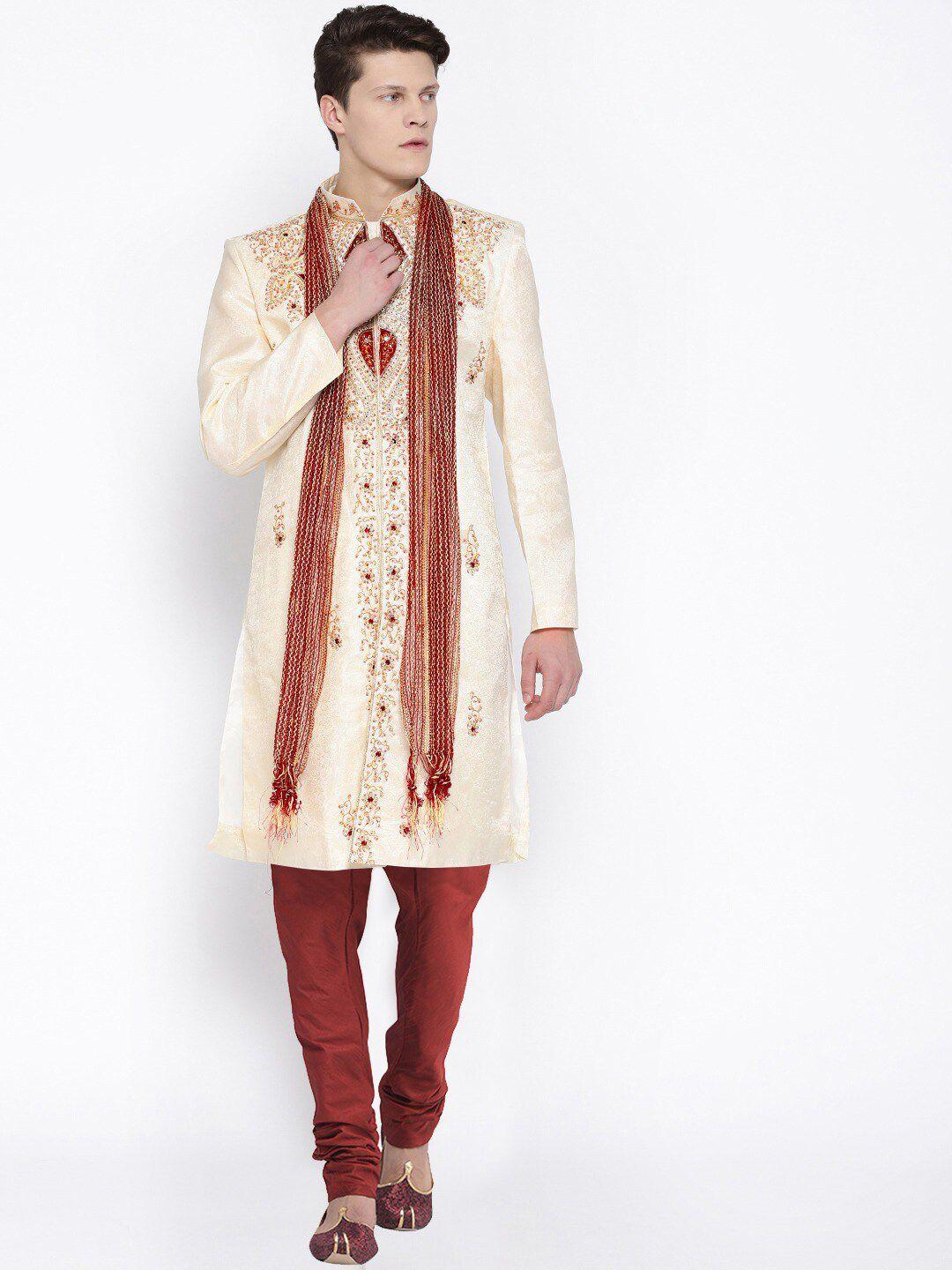 SG LEMAN Men Cream-Coloured & Maroon Embellished Sherwani Set
