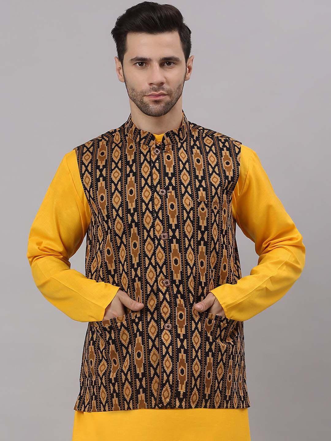 NEUDIS Men Yellow & Brown Printed Cotton Woven Nehru Jacket