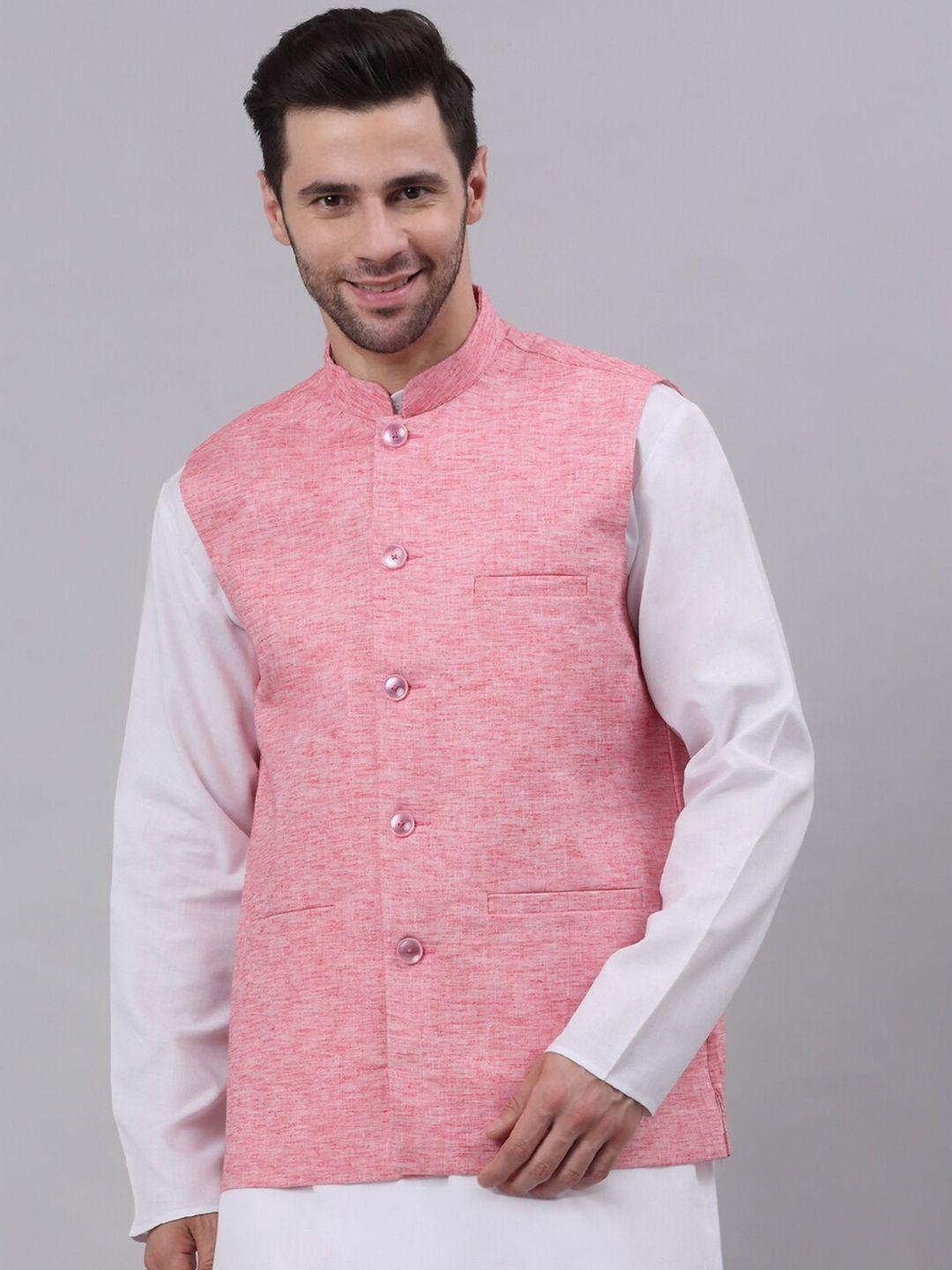 NEUDIS Men Pink Solid Cotton Nehru Jacket