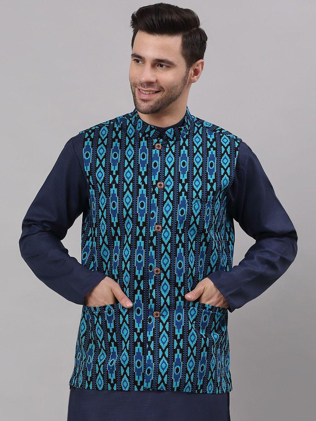 NEUDIS Men Blue & Black Printed Woven Design Nehru Jackets