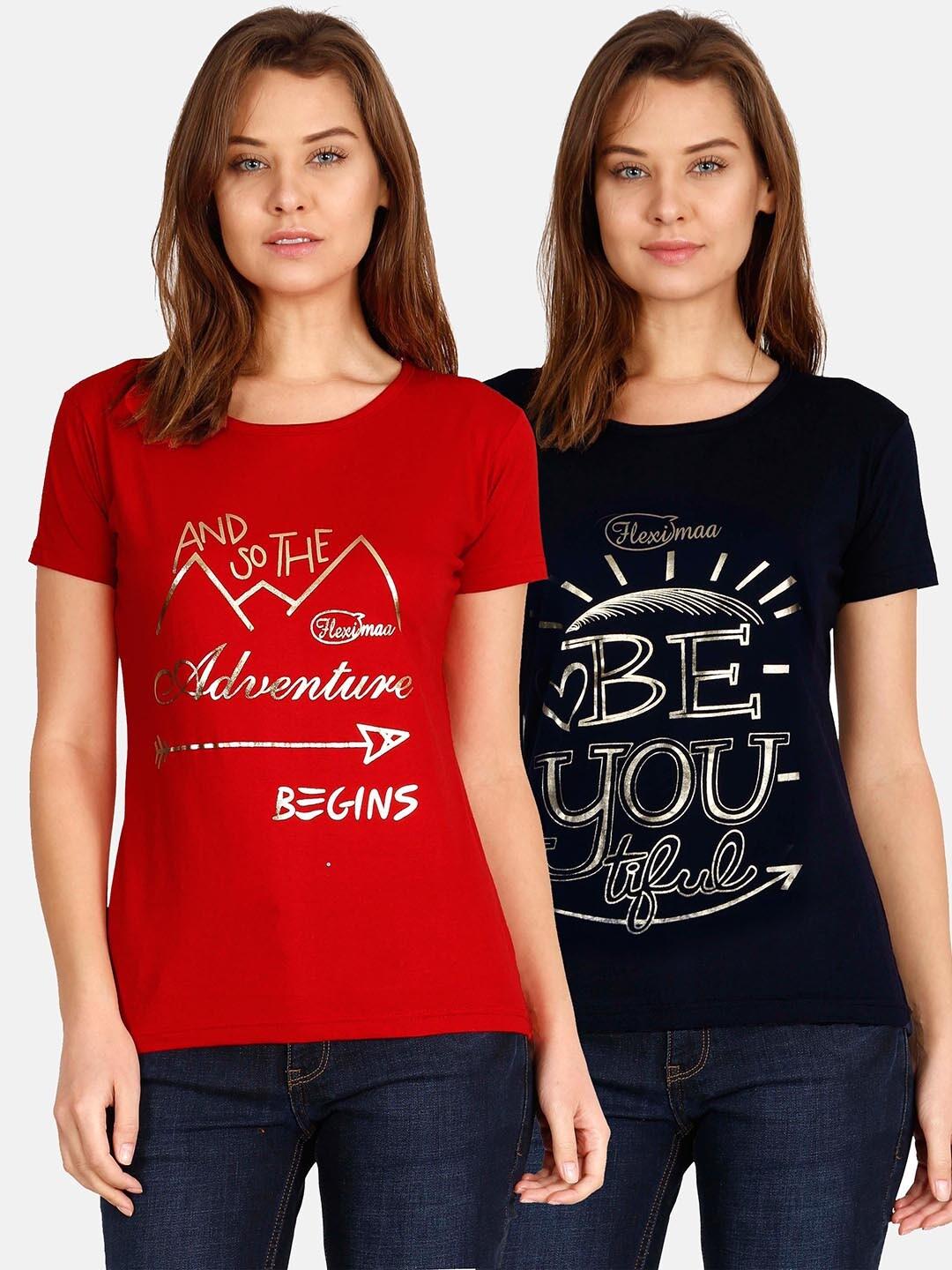 Fleximaa Women Red & Navy Blue Typography Pack Of 2 Printed T-shirt