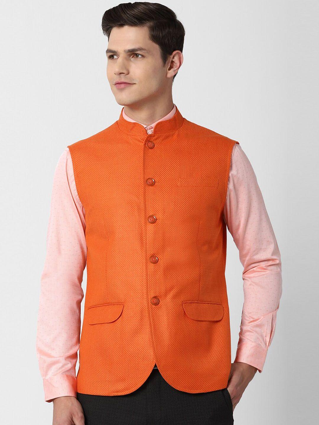 peter-england-elite-men-orange-woven-design-nehru-jacket