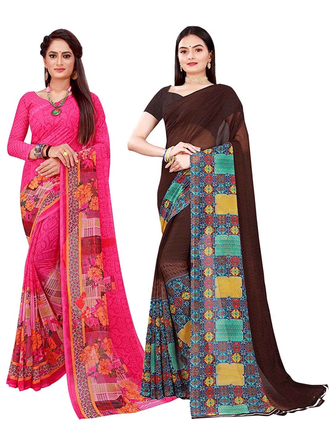 saadhvi-brown-&-pink-geometric-printed-pack-of-2-pure-georgette-saree