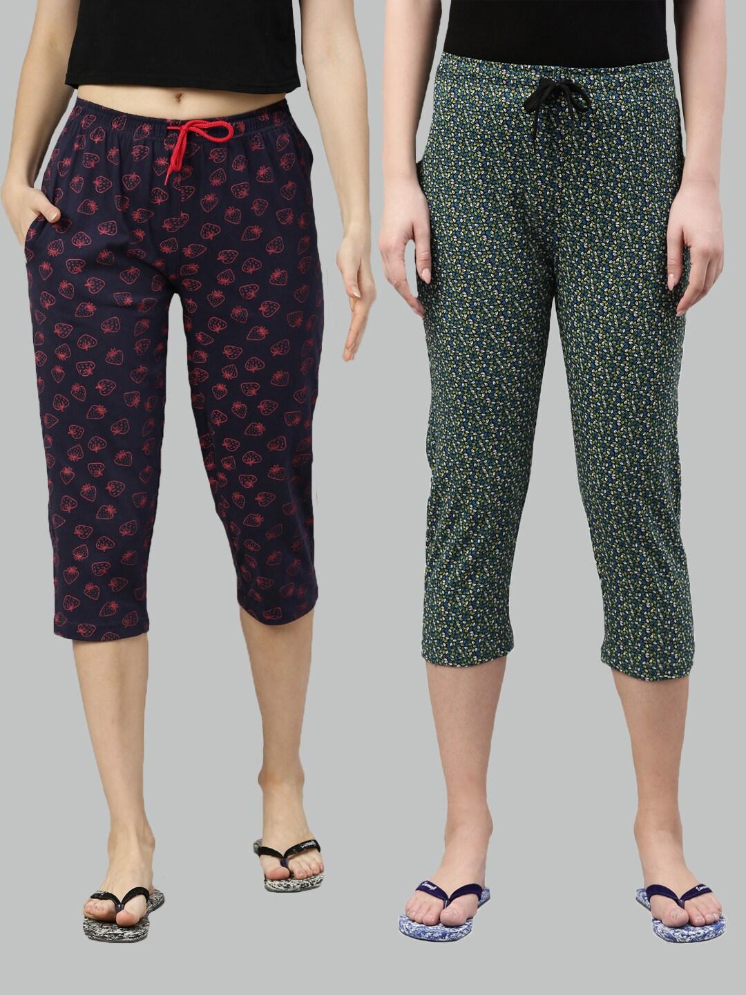 kryptic-women-pack-of-2-navy-blue-&-green-printed-cotton-lounge-capris