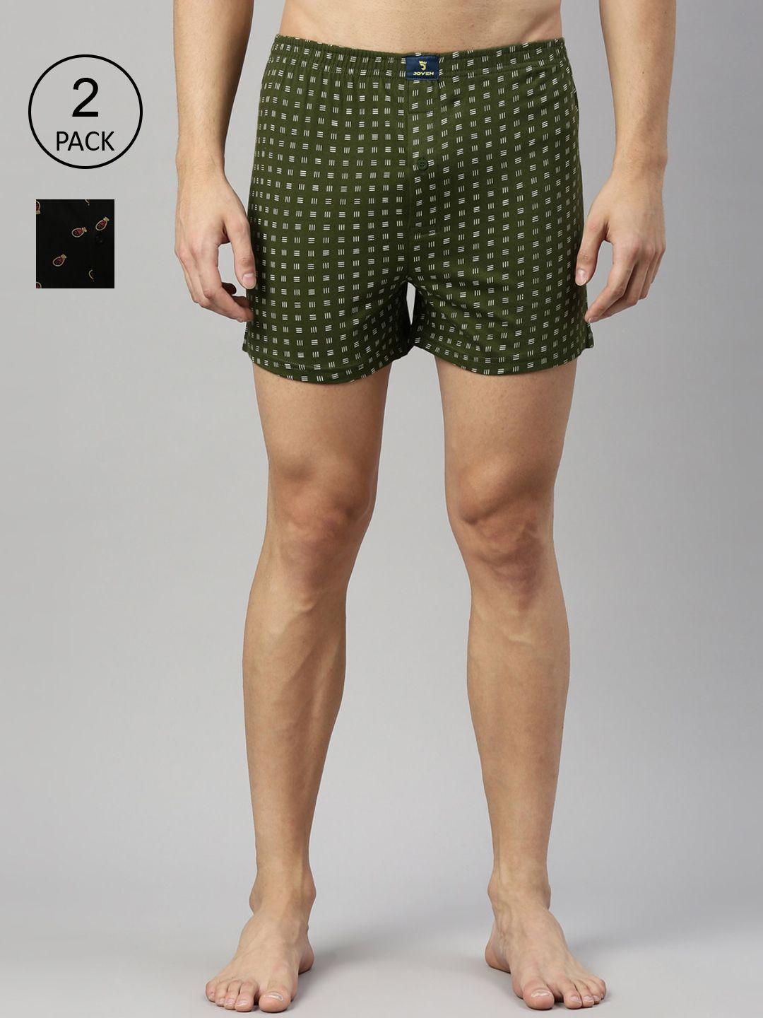 Joven Men Pack Of 2 Black & Olive Green Printed Pure Cotton Boxers