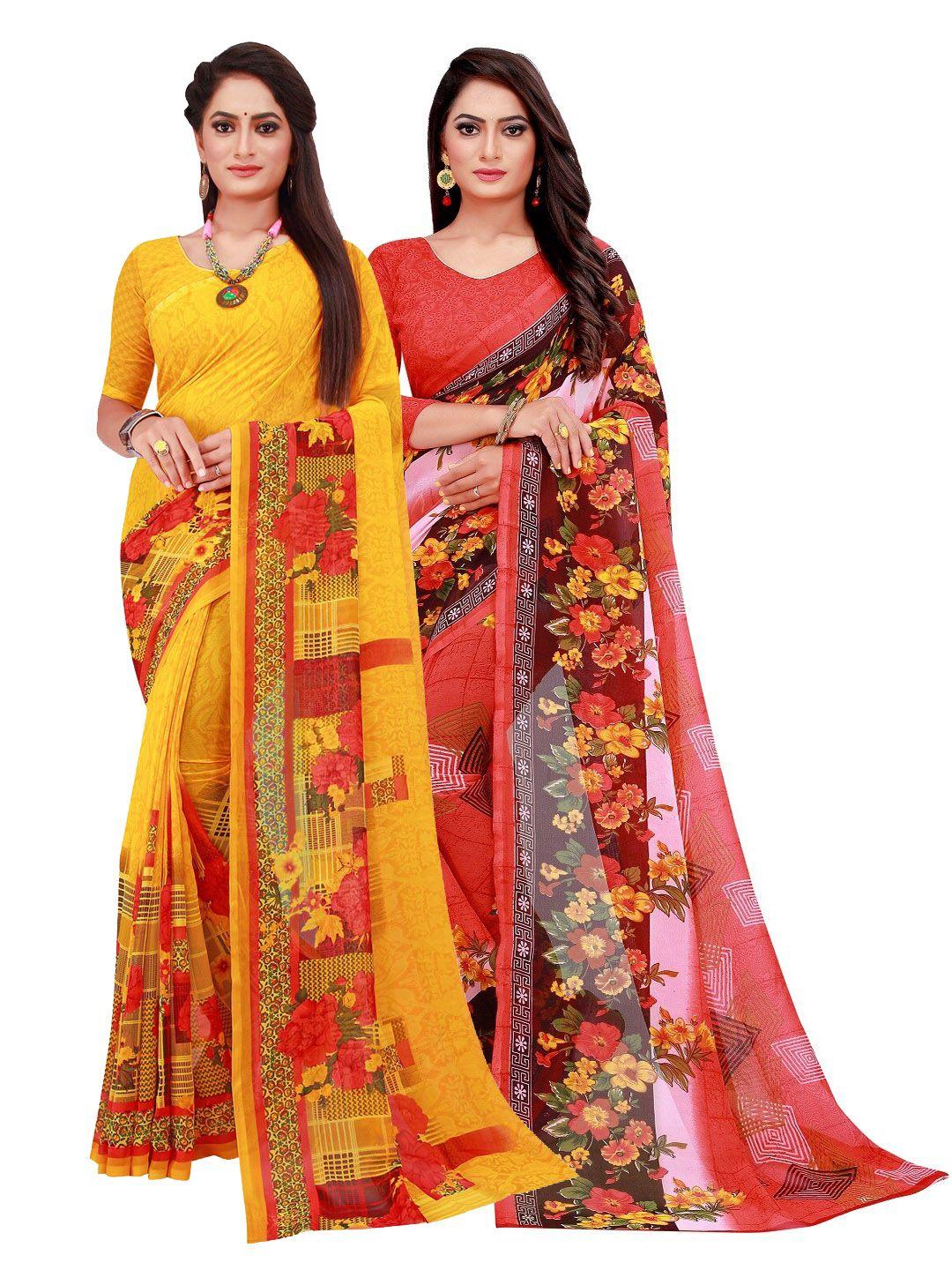 KALINI Yellow & Red Floral Printed Pure Georgette Saree Pack Of 2