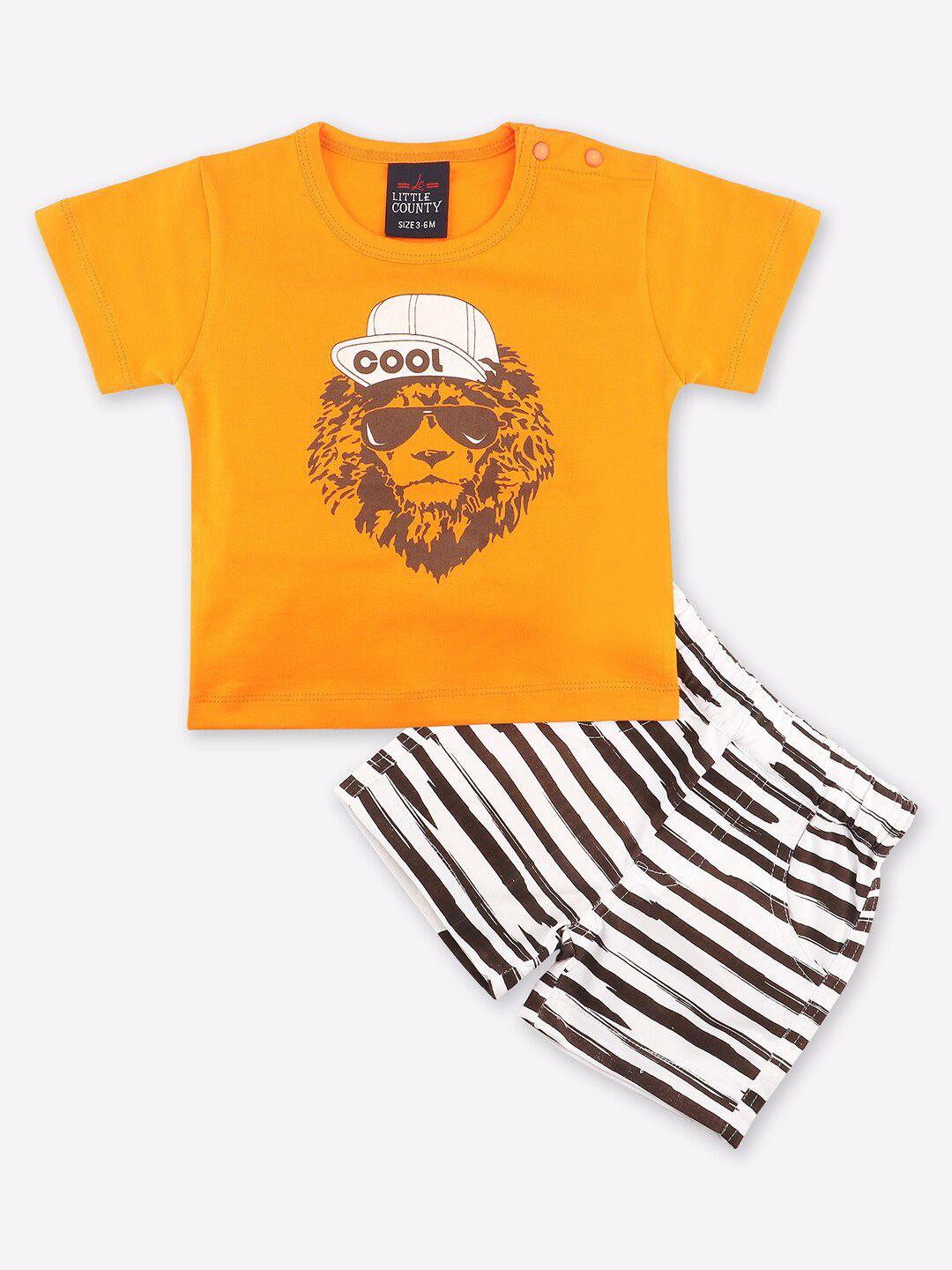 Little County Boys Orange & White Printed Pure Cotton T-shirt with Shorts