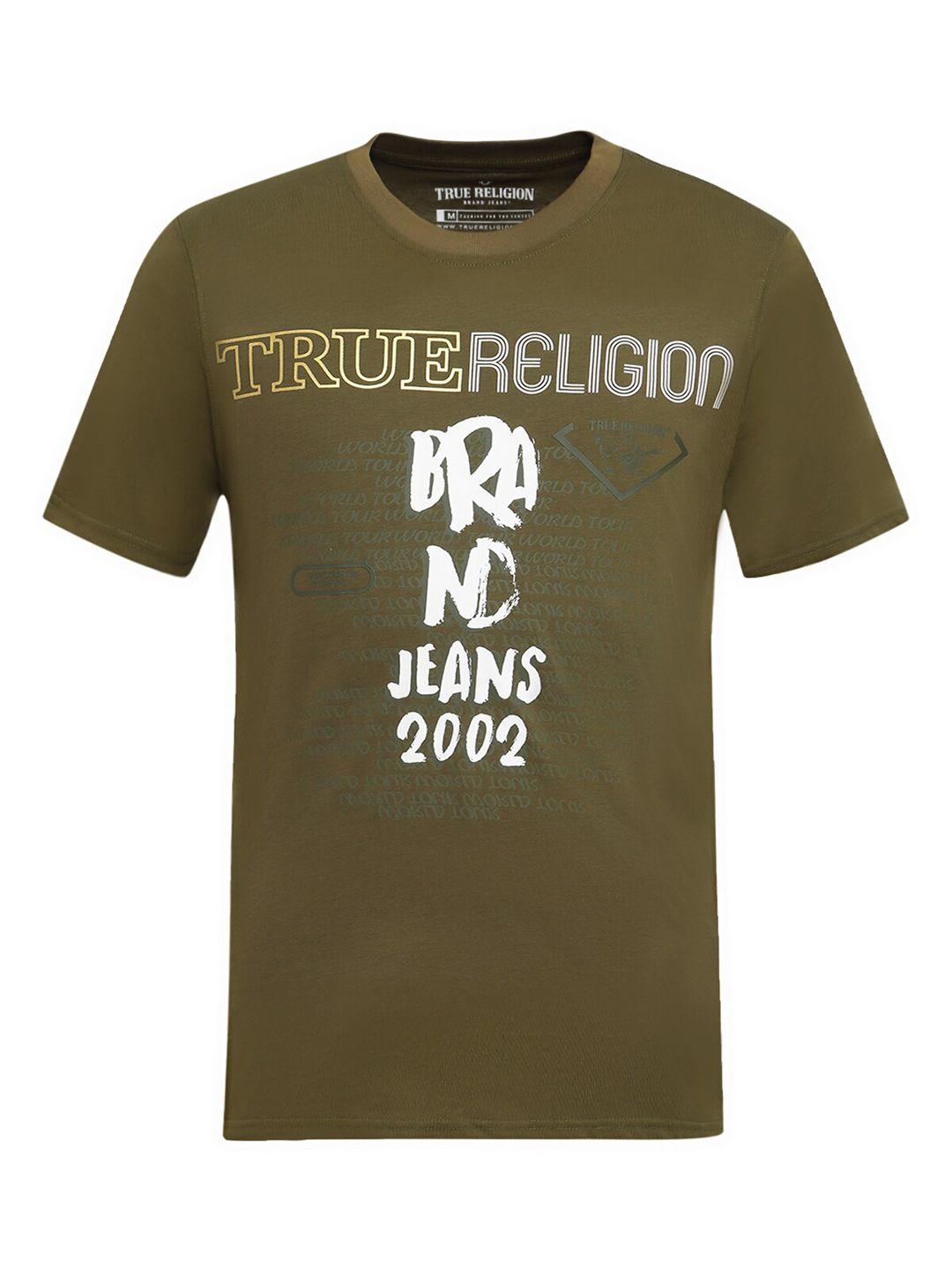 True Religion Men Olive Green Typography Printed T-shirt