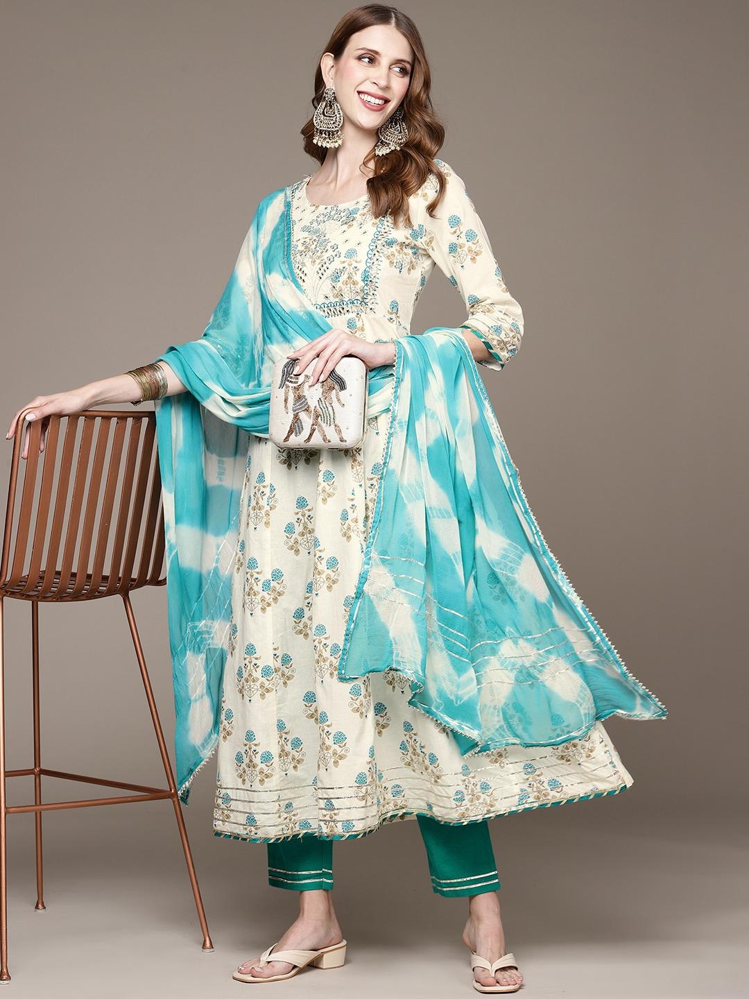 Anubhutee Women Off White & Blue Floral Print Pure Cotton Kurta with Trousers & Dupatta