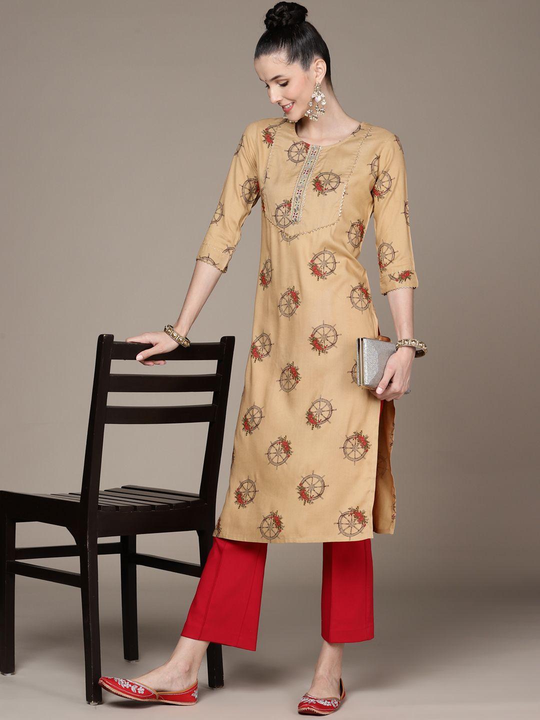 anubhutee-women-beige-printed-cotton-kurta