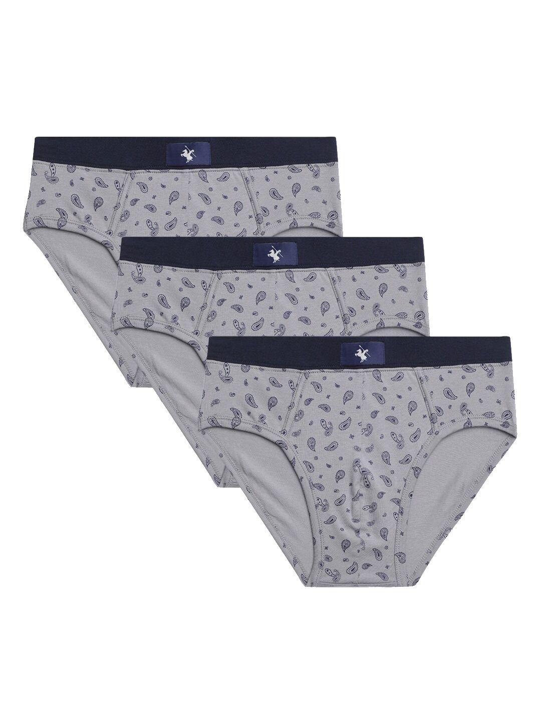 Cantabil Men Pack Of 3 Grey & Black Printed Pure Cotton Briefs