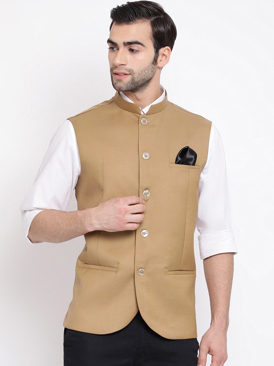 VASTRAMAY Men Camel Brown Solid Slim-Fit Nehru Jackets