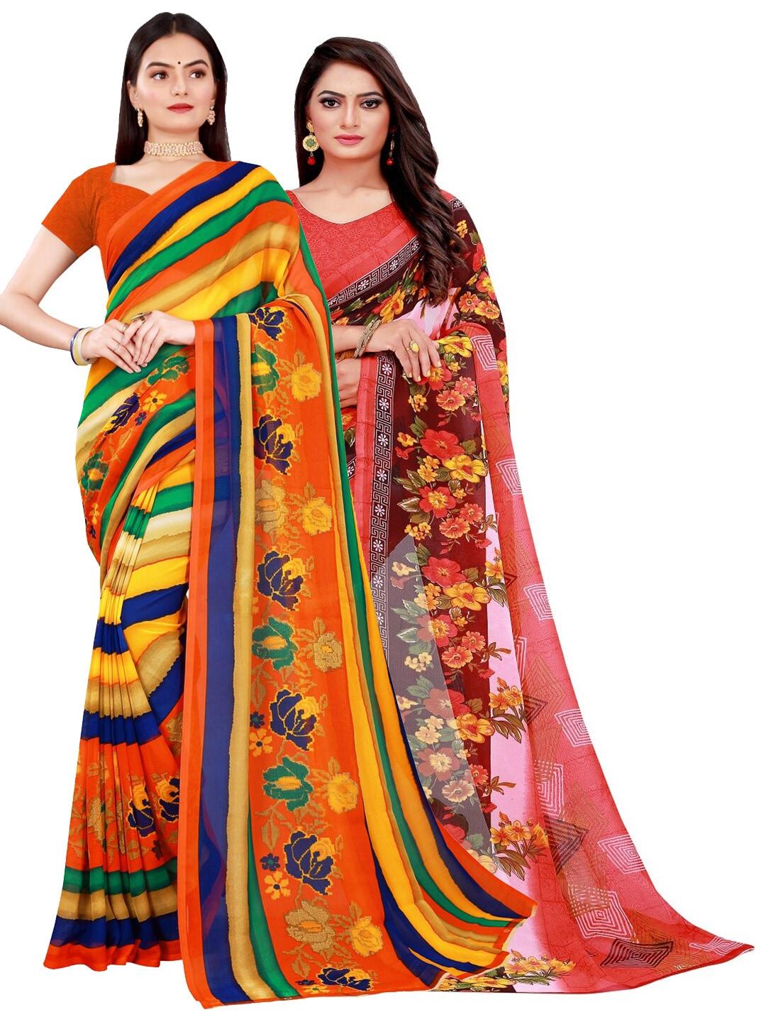 florence-peach-coloured-&-orange-striped-printed-pure-georgette-saree-pack-of-2