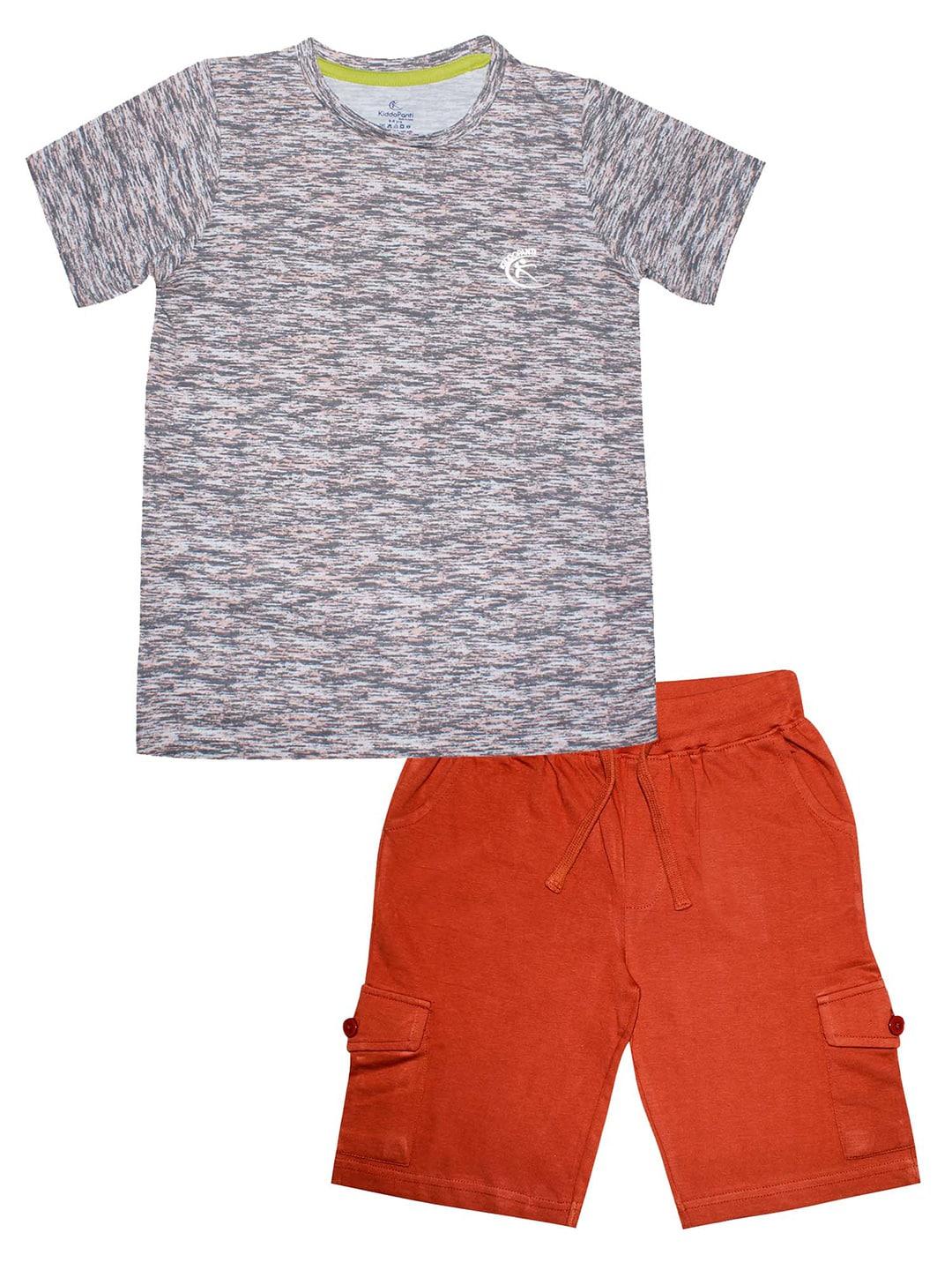 KiddoPanti Boys Grey & Rust Pure Cotton T-shirt with Shorts