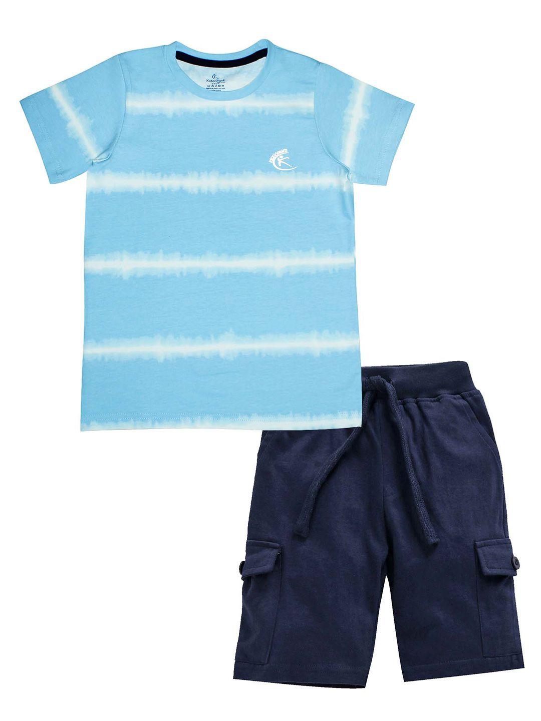 KiddoPanti Boys Blue & Navy Blue Printed Pure Cotton T-shirt with Shorts