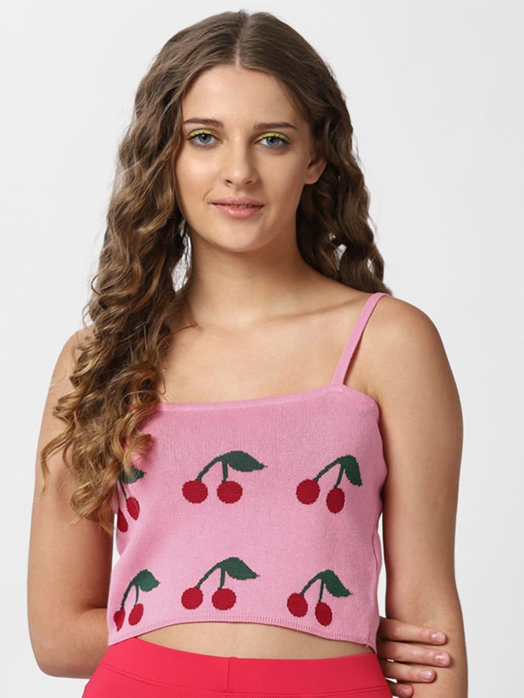 FOREVER 21 Pink Print Crop Pure Cotton Top