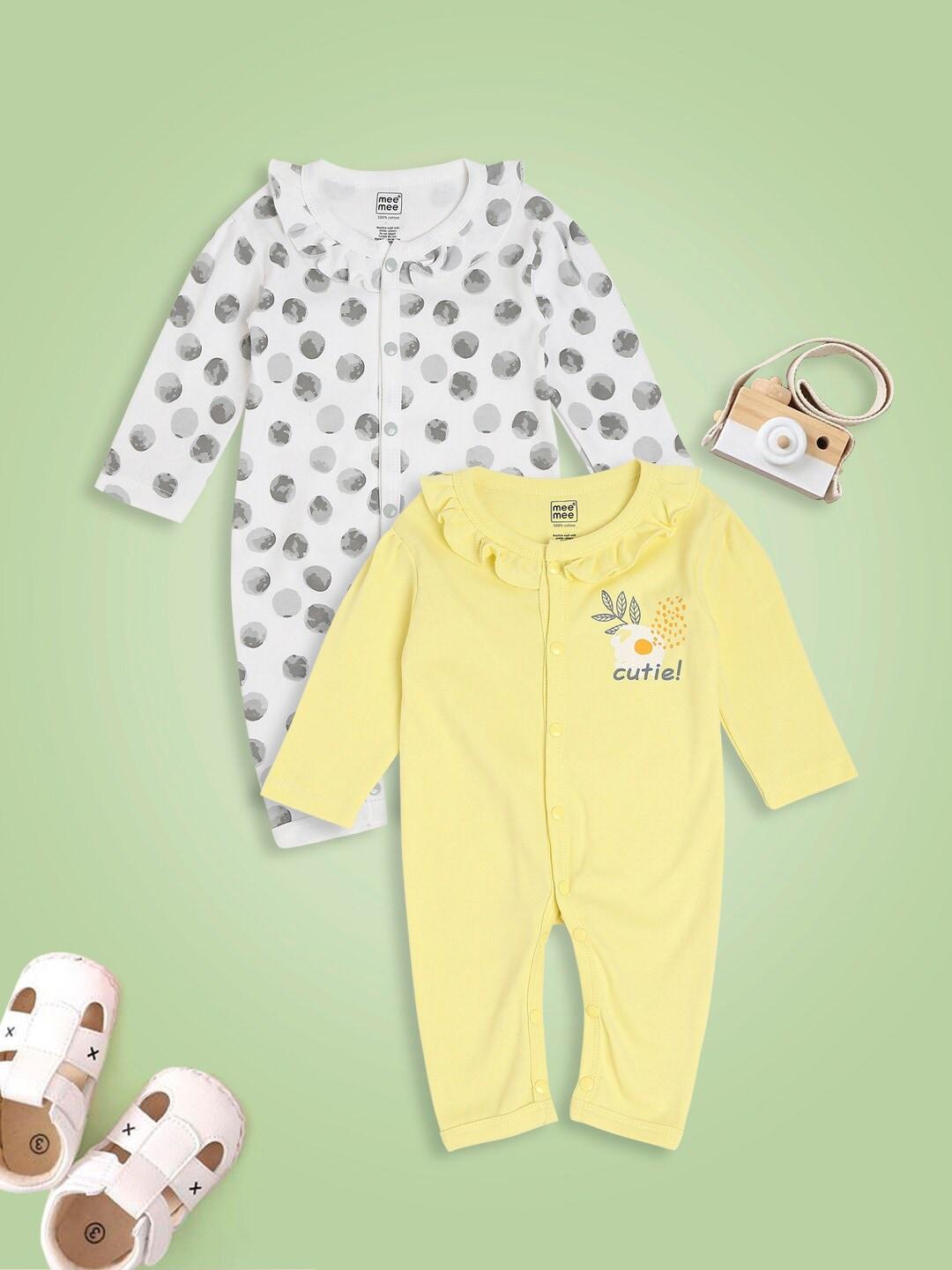 MeeMee Infant Girls White & Yellow Pack Of 2 Printed Rompers