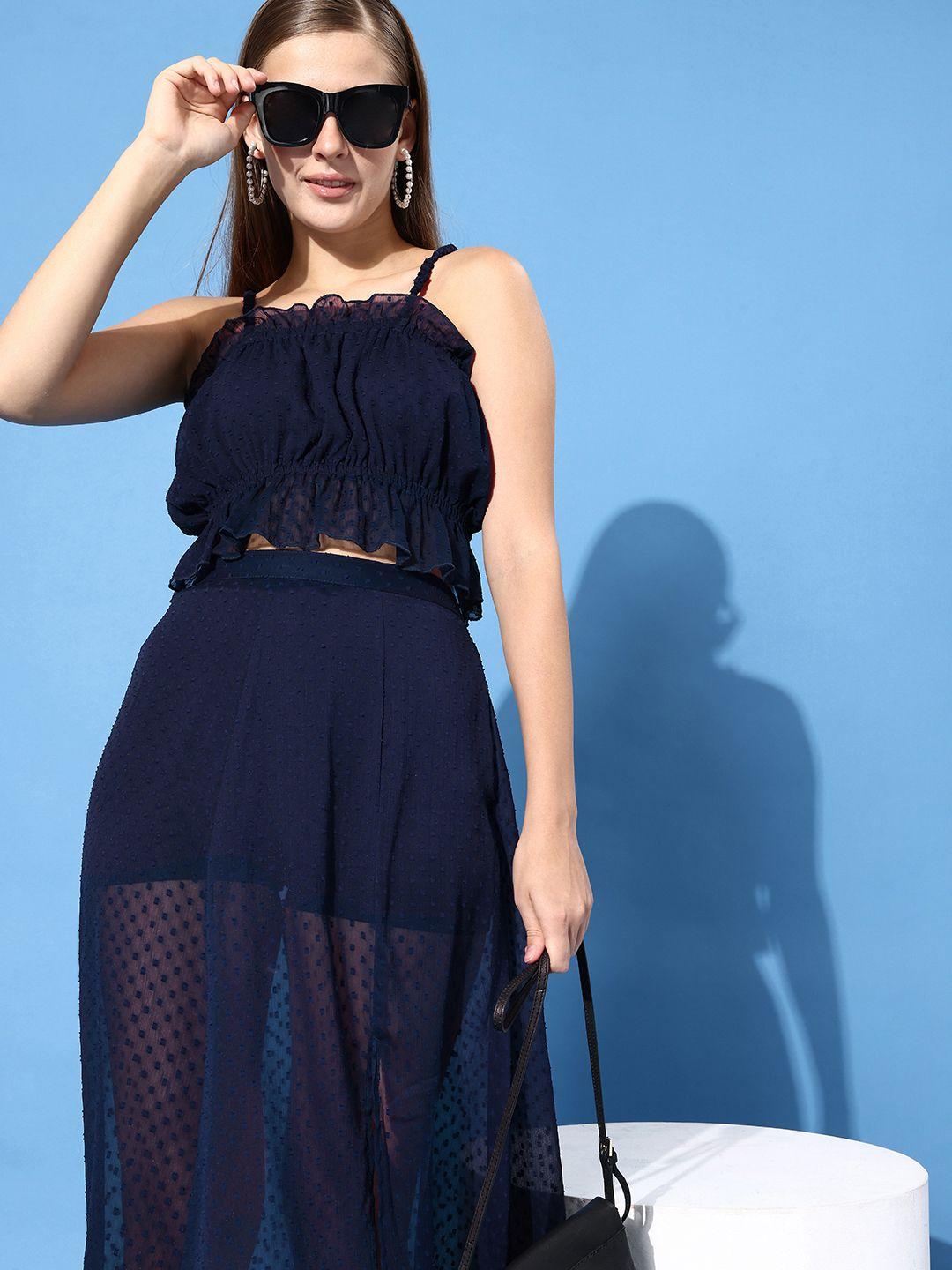 anvi-be-yourself-women-navy-blue-self-design-dobby-weave-top-with-skirt