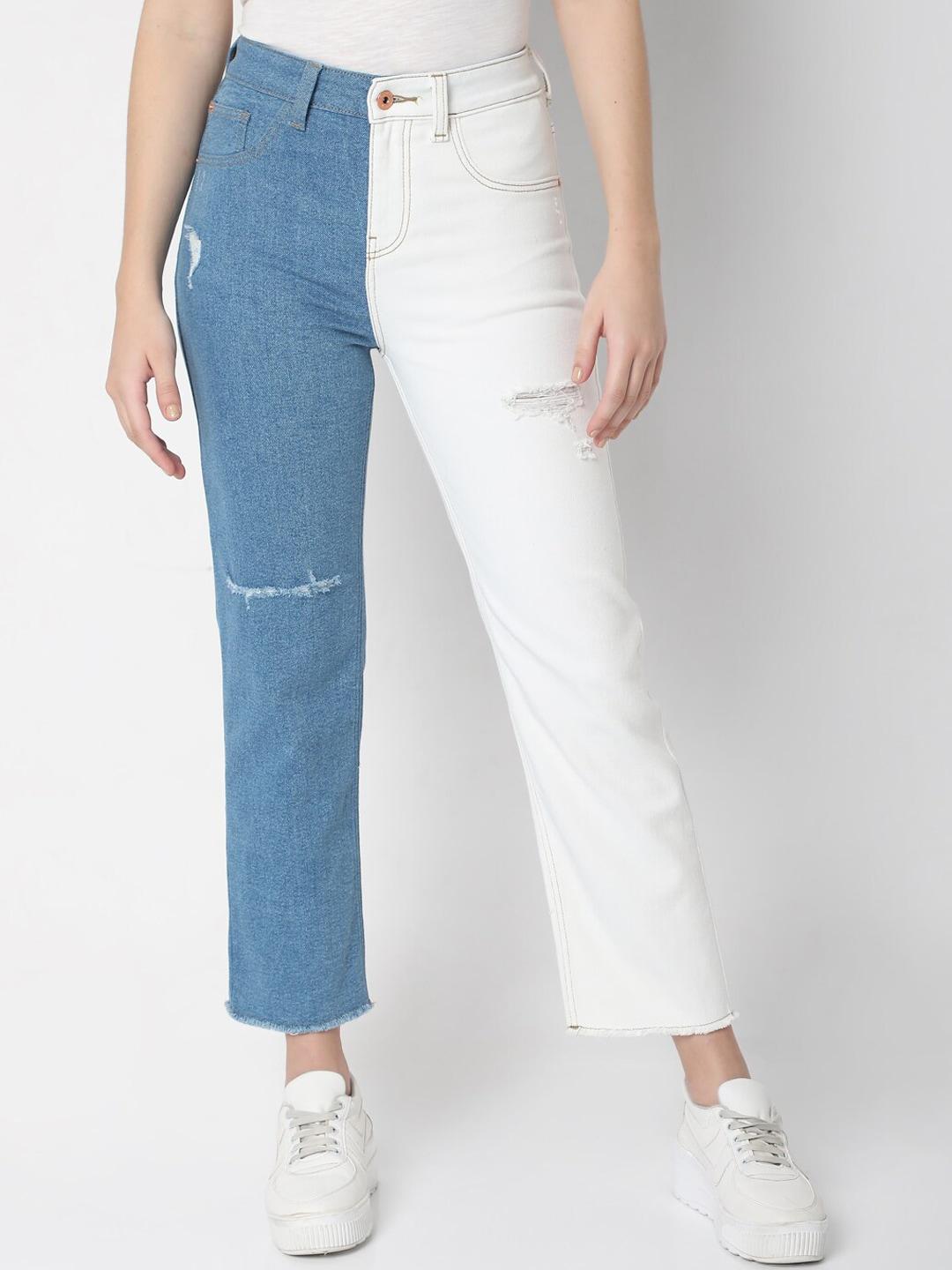 Vero Moda Women Blue & White Straight Fit High-Rise Slash Knee Cotton Jeans