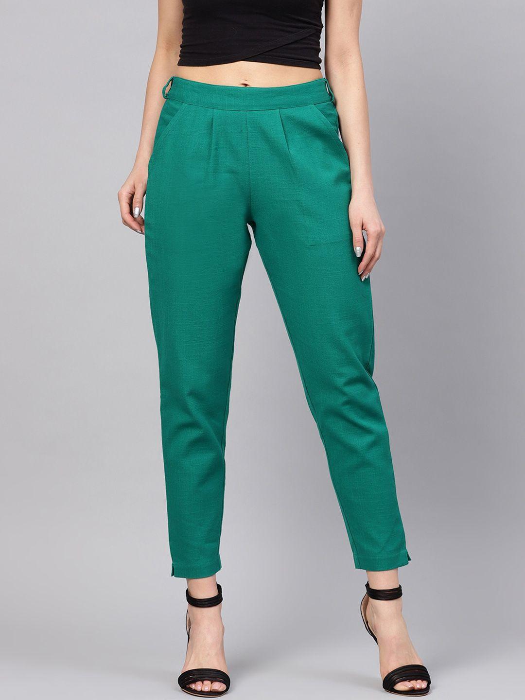 jaipur-kurti-women-green-straight-fit-pleated-trouser