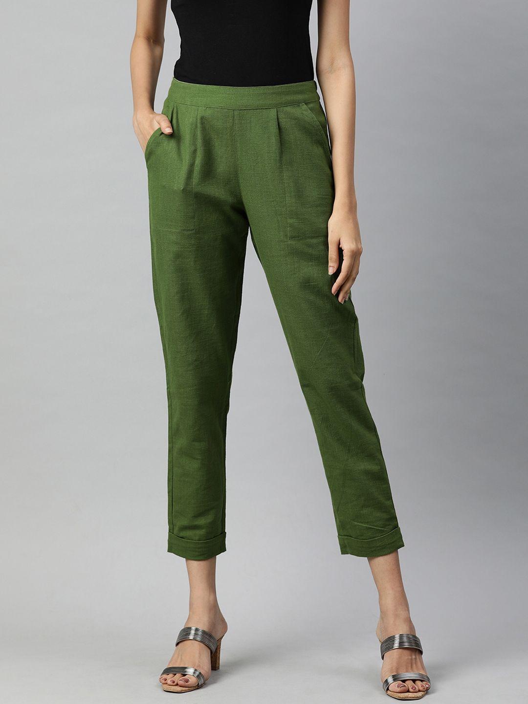 Jaipur Kurti Women Olive Green Straight Fit Pleated Trousers
