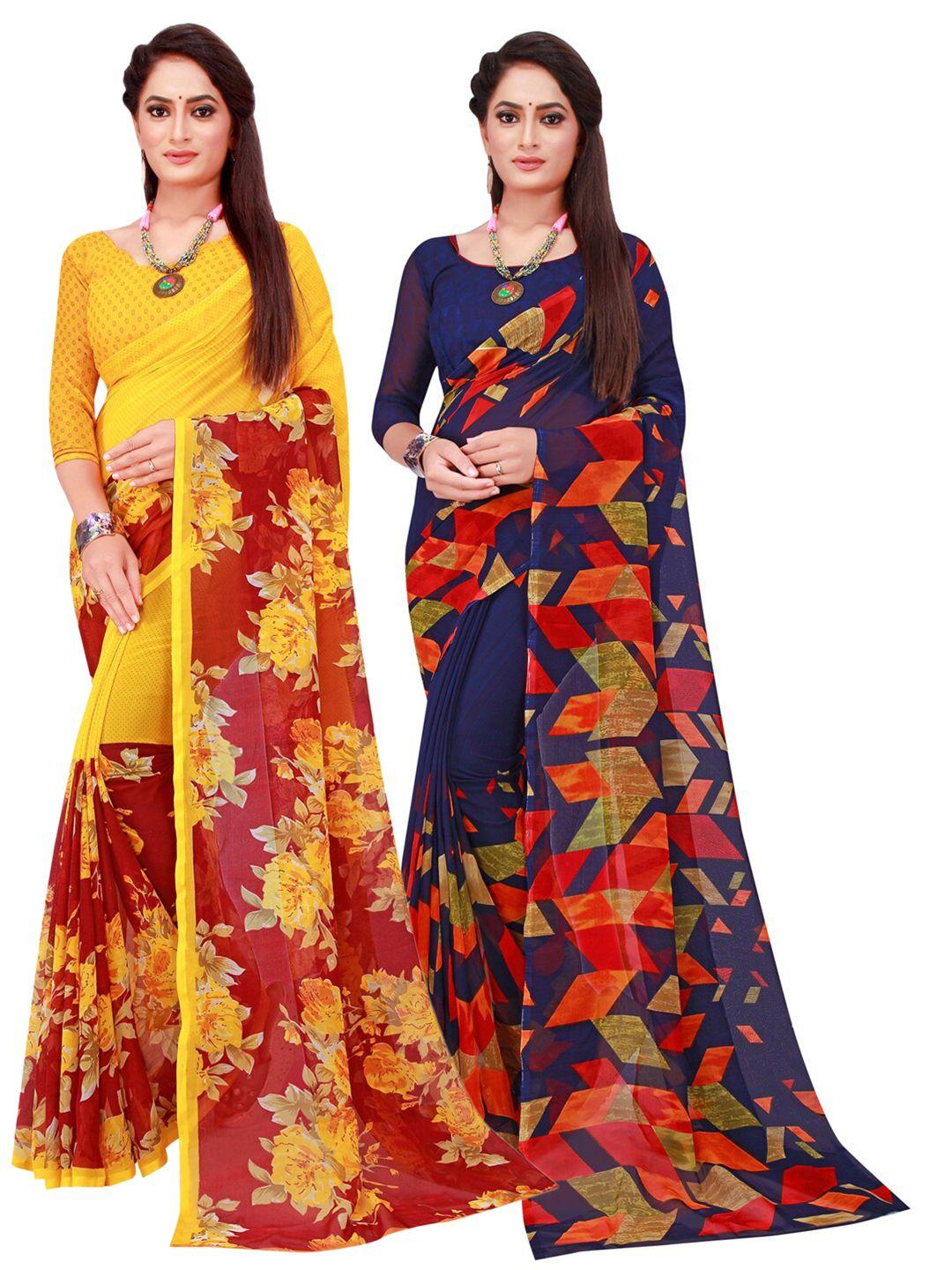 Florence Navy Blue & Yellow Set Of 2 Pure Georgette Saree
