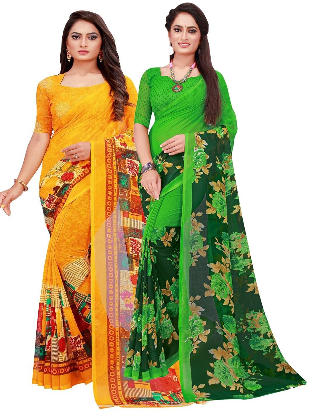 SAADHVI Green & Orange Set of 2 Floral Printed Georgette saree