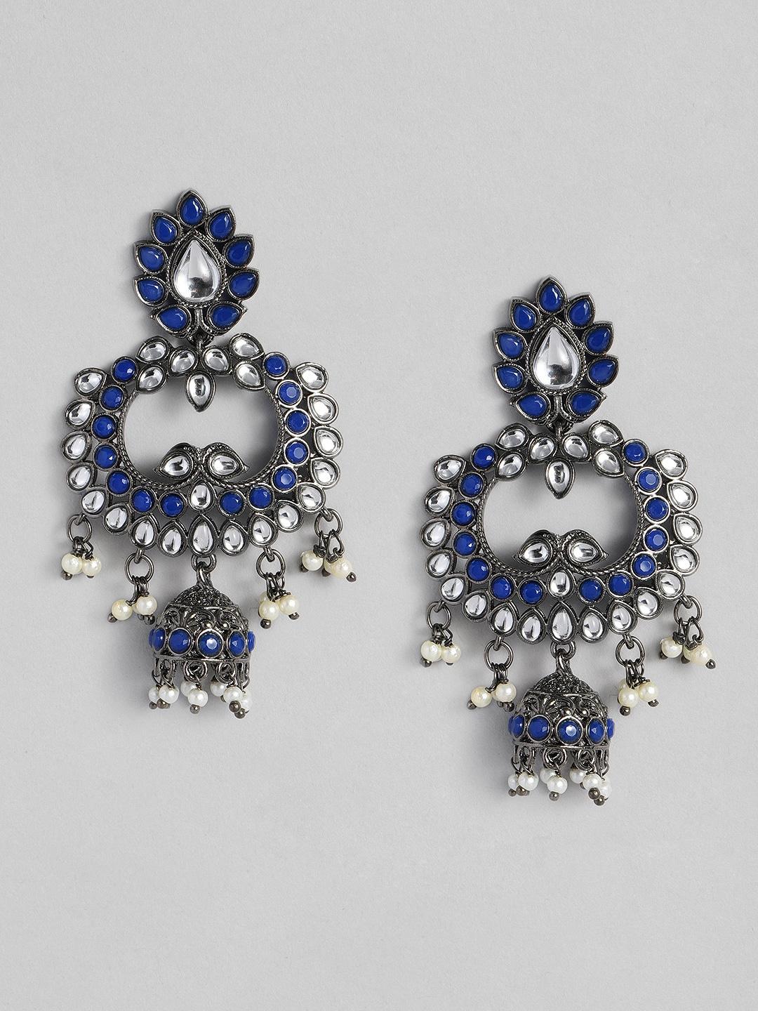 I Jewels Blue & White Silver Plated Oxidised Kundan & Stone Studded Jhumkas