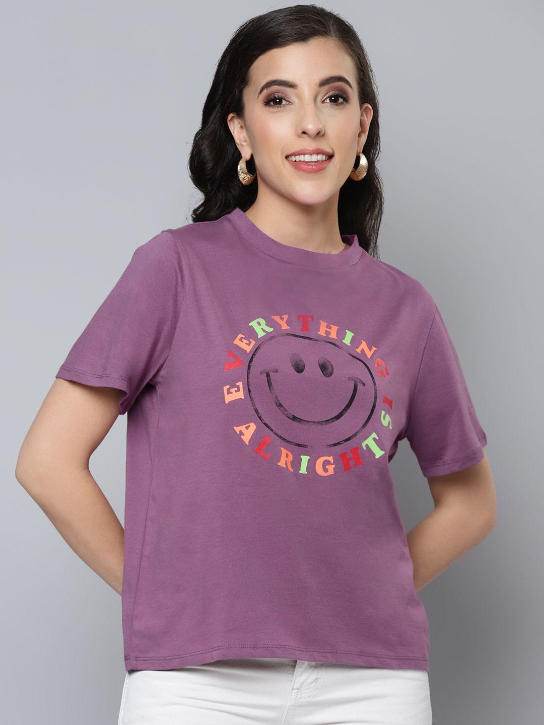 SASSAFRAS Women Mauve Typography Printed Pure Cotton T-shirt