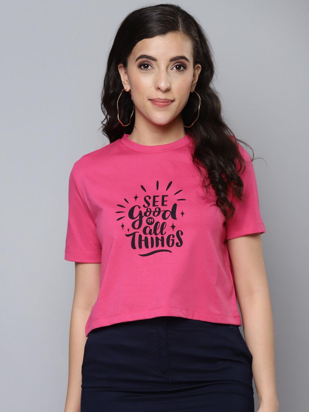 SASSAFRAS Women Fuchsia Typography Printed Pure Cotton Boxy T-shirt