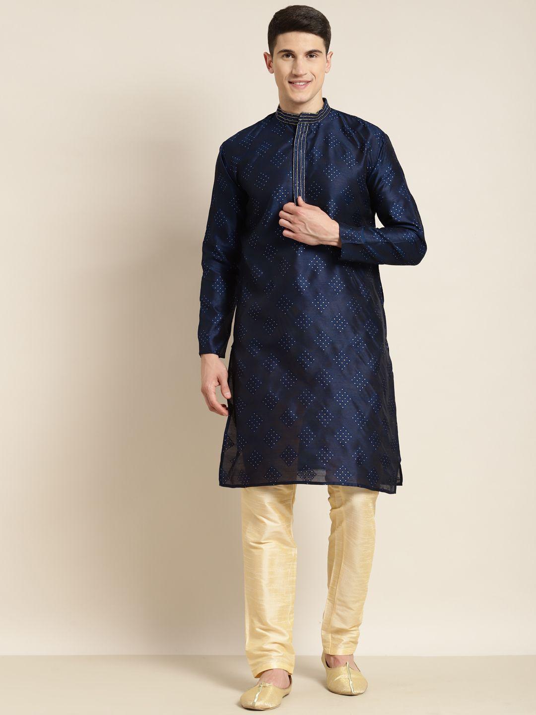 sojanya-men-navy-blue-&-gold-toned--jacquard-silk-embroidered-kurta