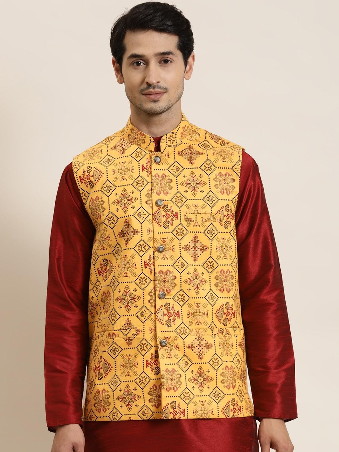 SOJANYA Men Yellow Ethnic Motifs Printed Nehru Jacket