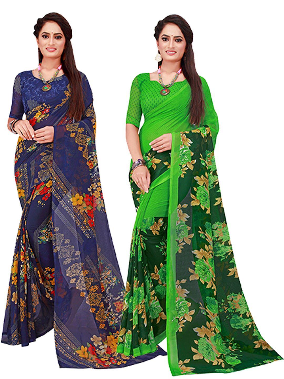 florence-navy-blue-&-green-geometric-print-pack-of-2-pure-georgette-saree
