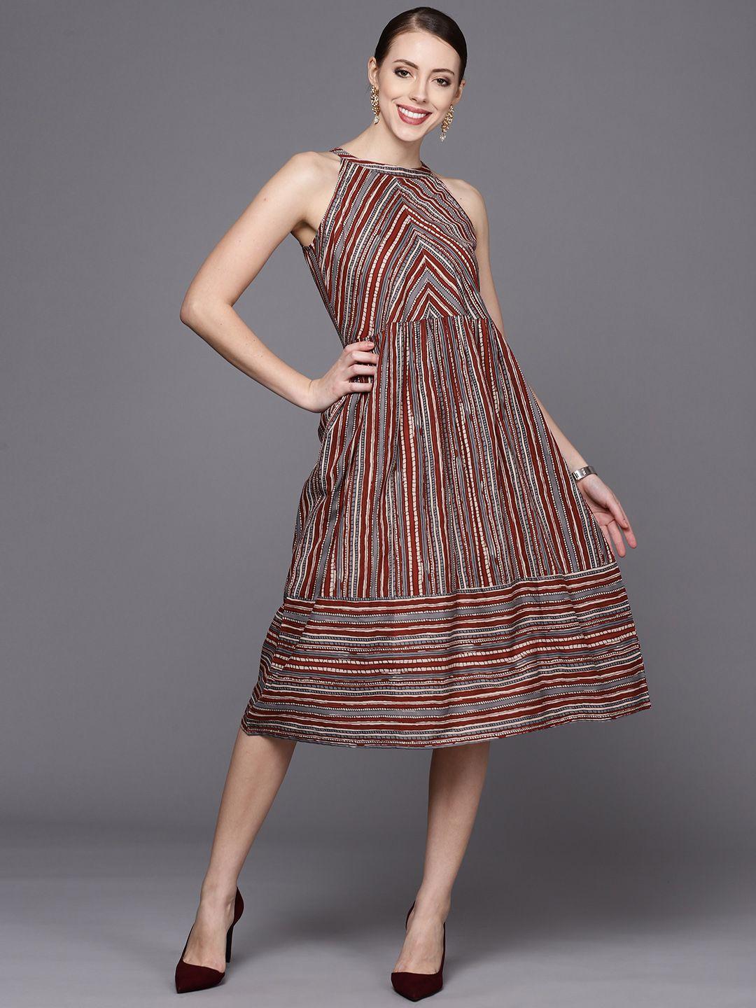 varanga-rust-&-grey-striped-midi-a-line--dress