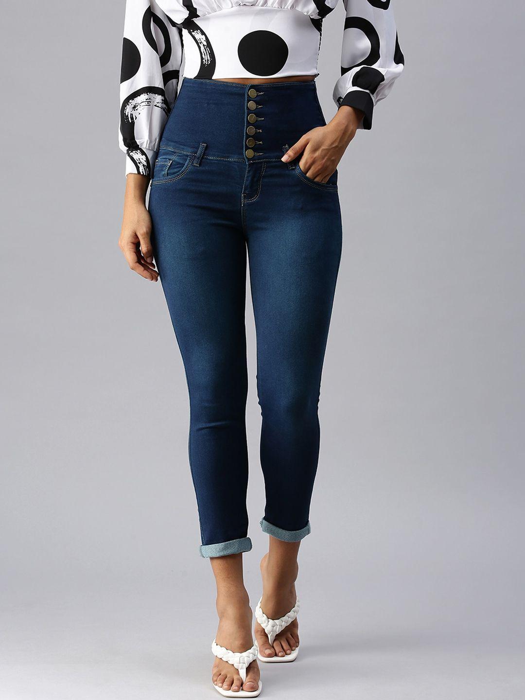 showoff-women-navy-blue-slim-fit-high-rise-light-fade-stretchable-jeans