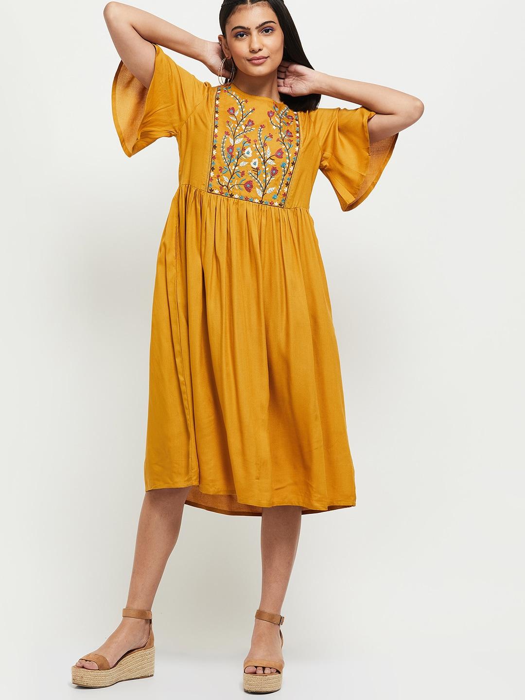 max Mustard Yellow Embroidered A-Line Midi Dress