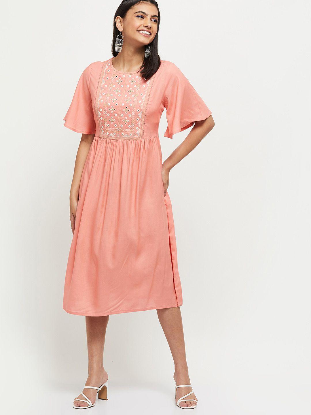 max Women Peach-Coloured A-Line Midi Dress